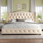 HOMBCK King Bed Frame with 49" Headboard, Velvet Upholstere King Size Bed Frame with Button Tufted Wingback Design, Traditional Retro Style, Low Profile, Strong Structure, No Box Spring Needed, Beige