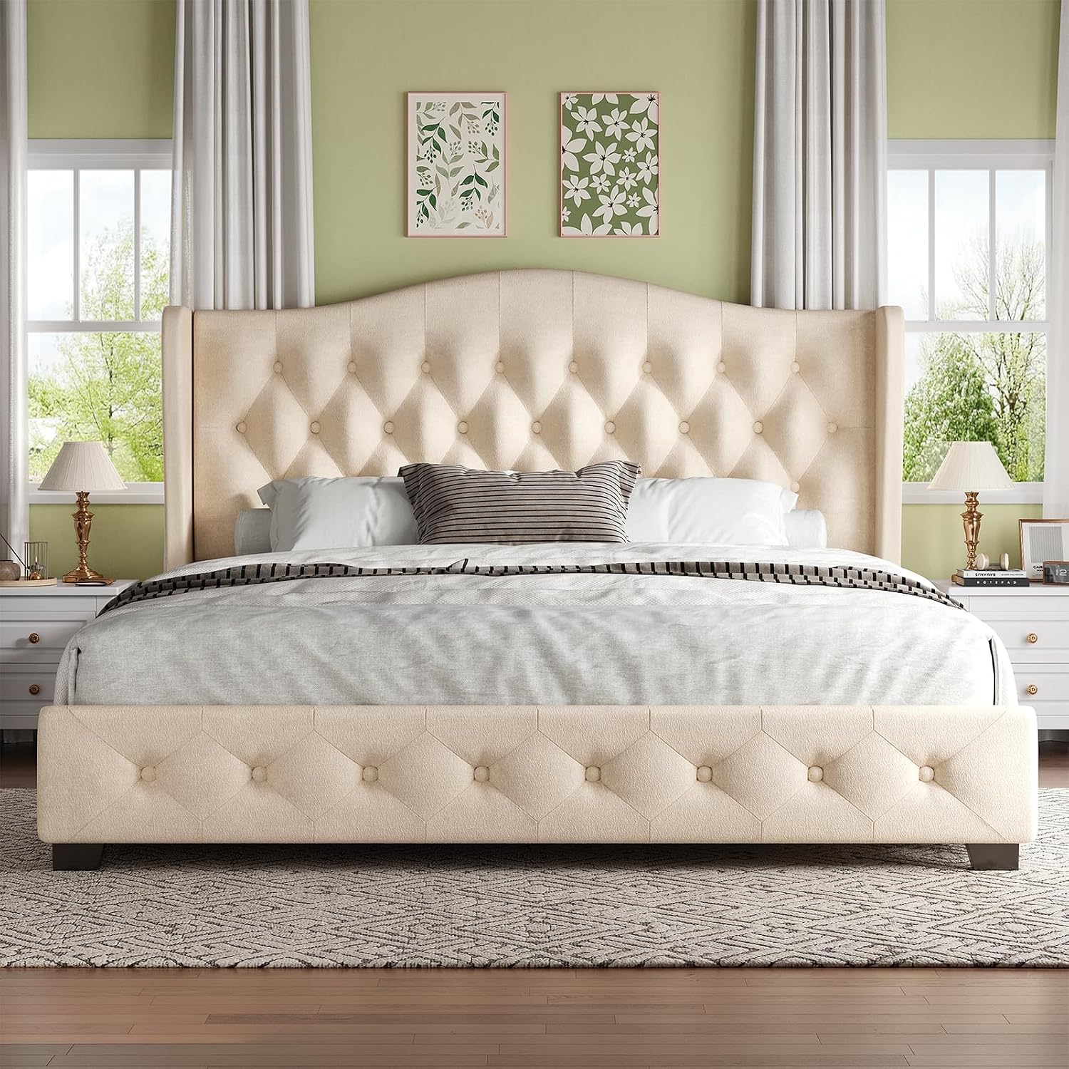 HOMBCK King Bed Frame with 49" Headboard, Velvet Upholstere King Size Bed Frame with Button Tufted Wingback Design, Traditional Retro Style, Low Profile, Strong Structure, No Box Spring Needed, Beige