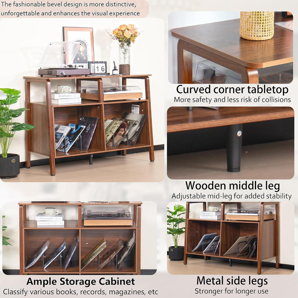 Mxtxmy Large Record Player Stand,with Open Storage Holds up to 300 Albums | Mid Century Turntable Stand Table,Vinyl Record Storage Display Shelf for Living Room Bedroom,Walnut