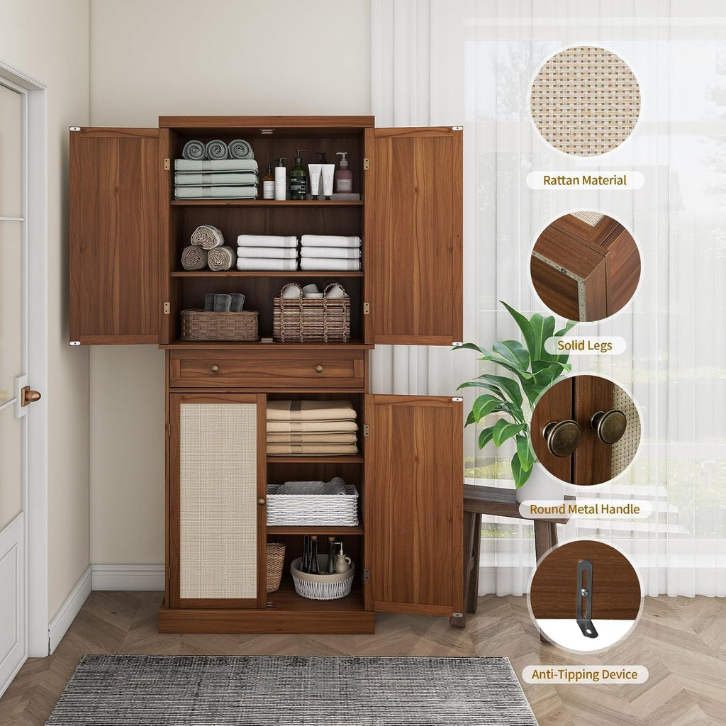 72.2” Tall Kitchen Pantry Cabinet with Rattan Doors, Walnut Freestanding Storage Hutch with 4 Adjustable Shelves and Drawer, Farmhouse Wood Cupboard for Dining Room & Living Room, 180° Hinges