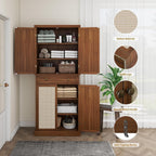 72.2” Tall Kitchen Pantry Cabinet with Rattan Doors, Walnut Freestanding Storage Hutch with 4 Adjustable Shelves and Drawer, Farmhouse Wood Cupboard for Dining Room & Living Room, 180° Hinges