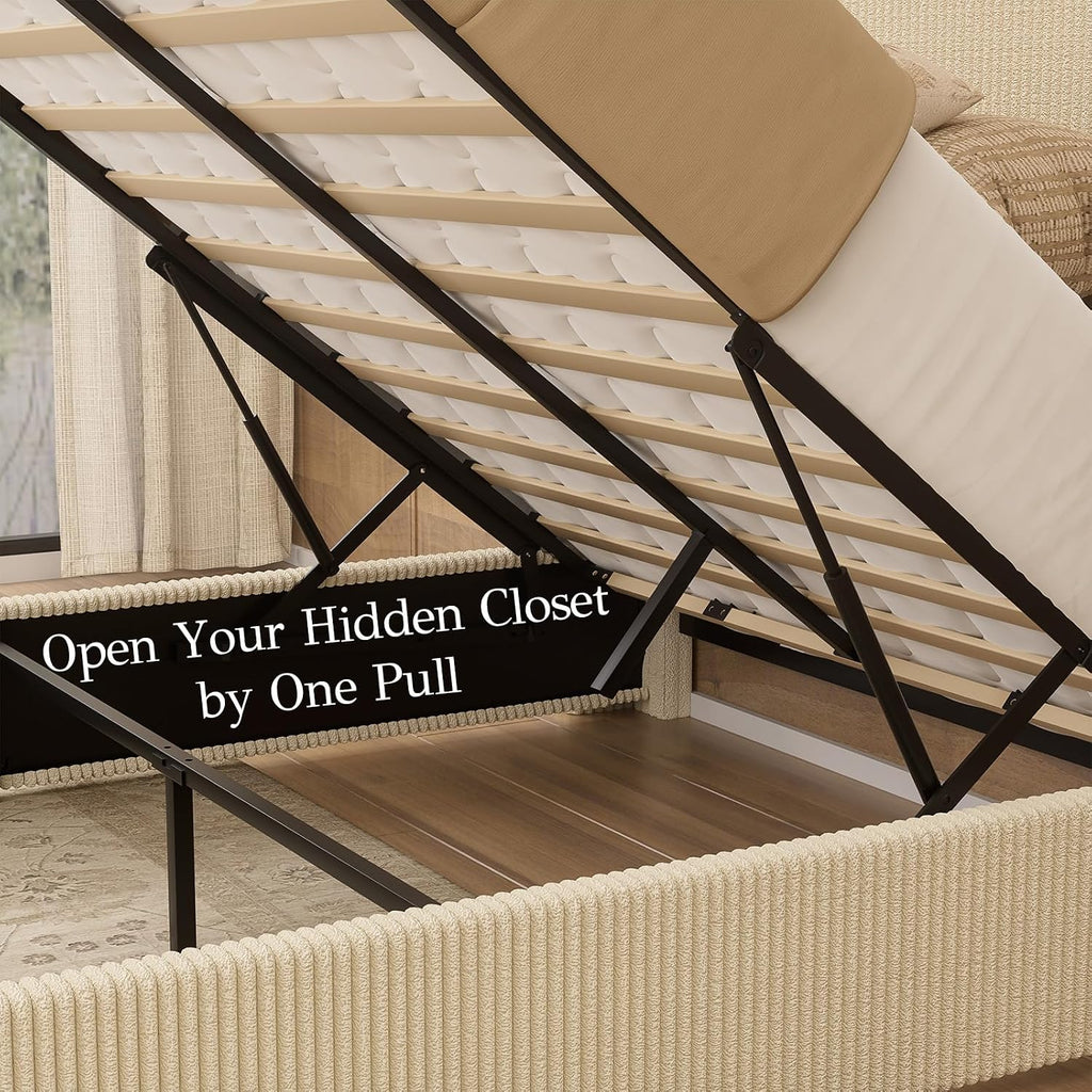 Yechen Queen Bed Frame with Lift Up Storage, 51.2" Tall Headboard and Upholstered Wingback Platform Bed Frame, Hydraulic Support, No Box Spring Needed, Beige Corduroy