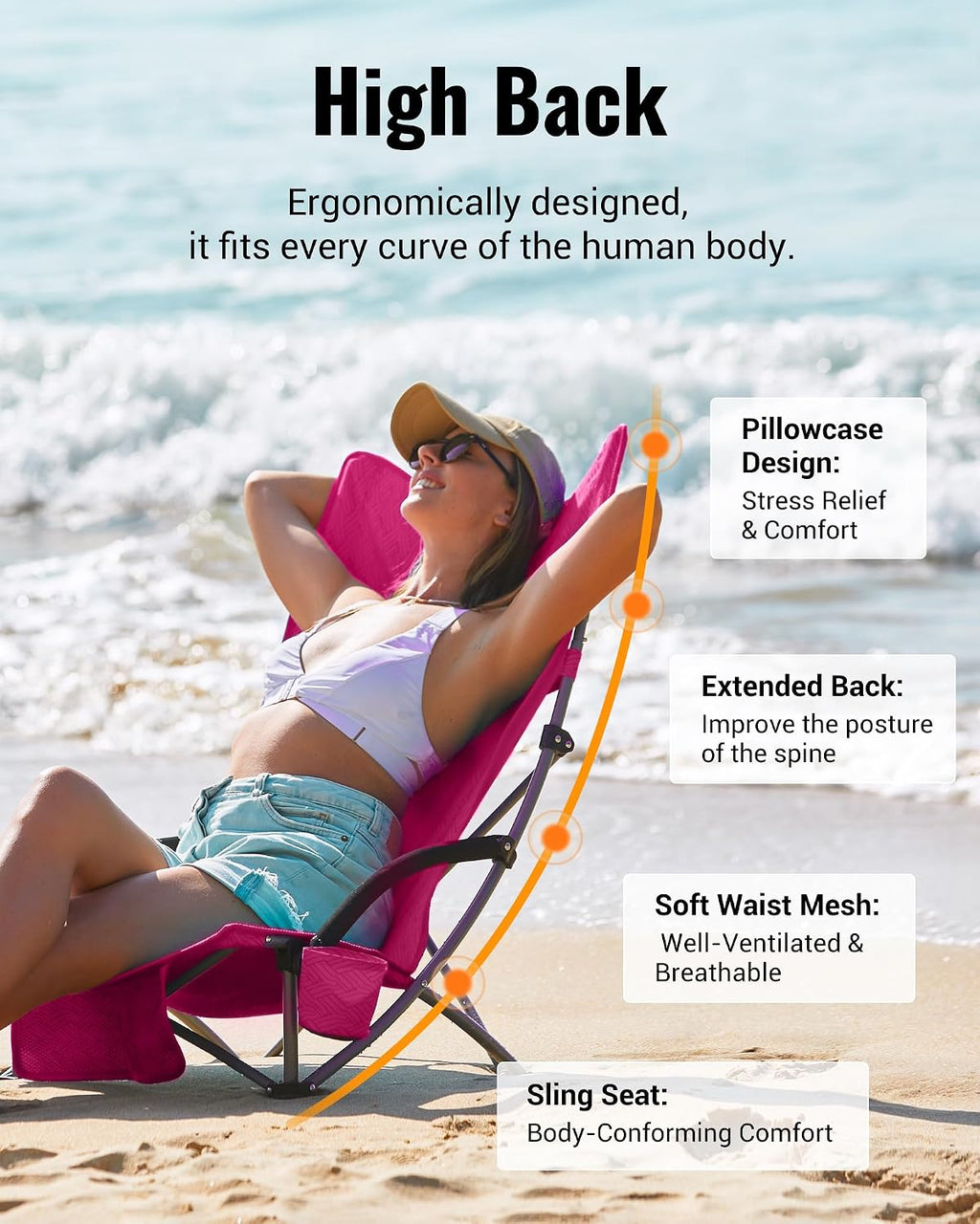 KingCamp Low Beach Chair, High Back Folding Camping Chair for Adults, Oversized Breathable Mesh Seat, 300lbs Heavy Duty Portable Chair with Cup Holder & Storage Pockets for Beach, Outdoor