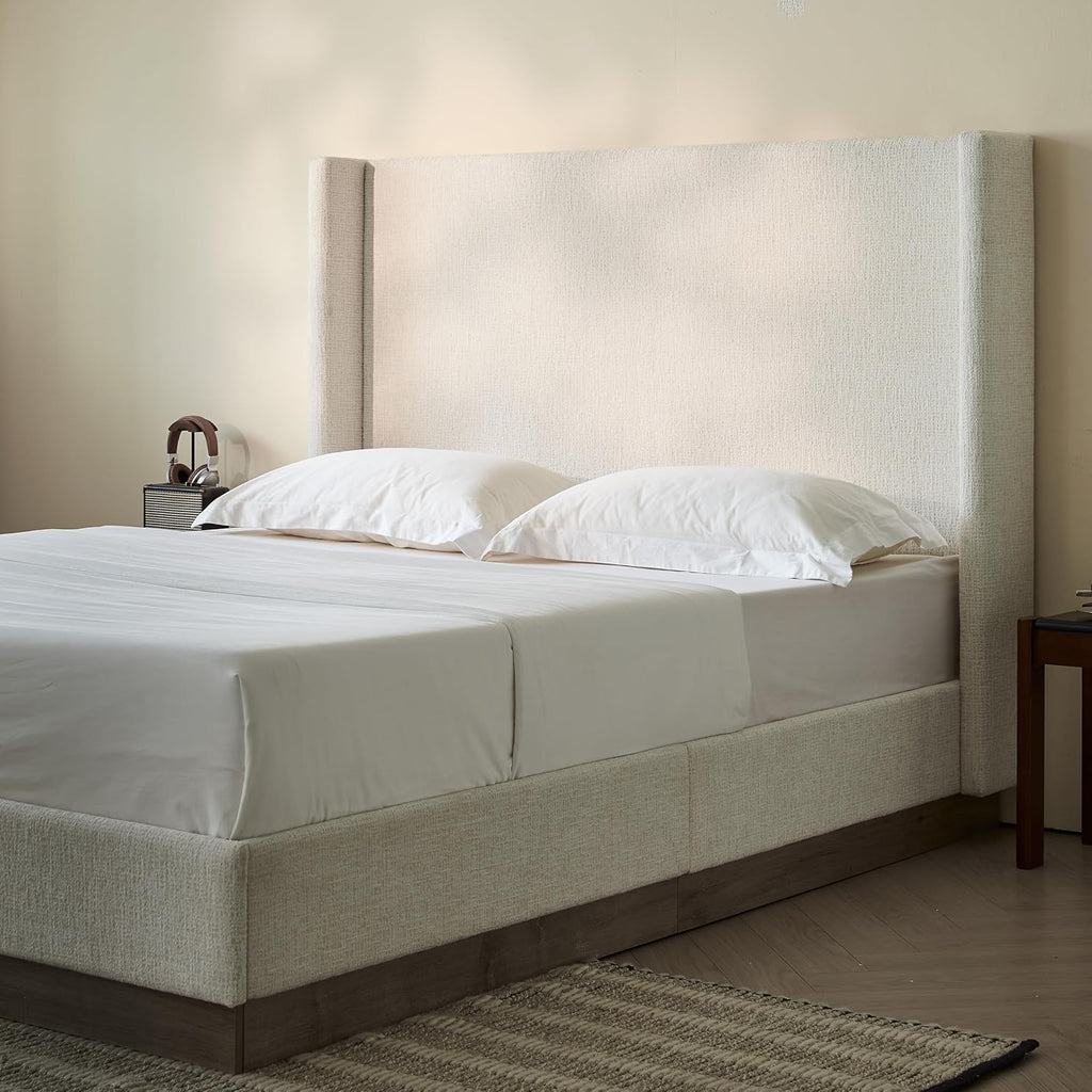 52.5" Extra-Tall Wingback Bed Frame - Luxury Oat Boucle Upholstered Platform Bed with Gray Oak Wood Base, Heavy Duty 1000lbs, No Box Spring Needed, Noise-Free Design (King)