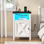 Hlivelood Farmhouse LED Nightstand Set of 2 with Charging Station, Rustic End Table with Barn Door & Storage Shelf, Bedside Table for Bedroom, Living Room, Black