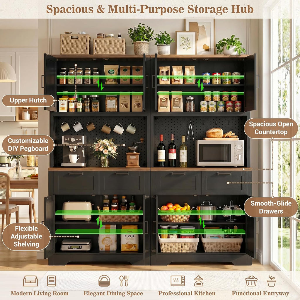 Unikito 71" Tall Kitchen Pantry Storage Cabinet with LED Light, Black | 63" Wide, Microwave Countertop, Power Charging Station, Large Hutch Cabinet with Drawers, Home Unit for Dining Room