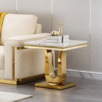 23'' Faux Marble End Table with High-Gloss U Base, Rectangular Marble Top Sofa Side Table for Living Room Office, Modern White Gold Accent Table with Stainless Steel Frame