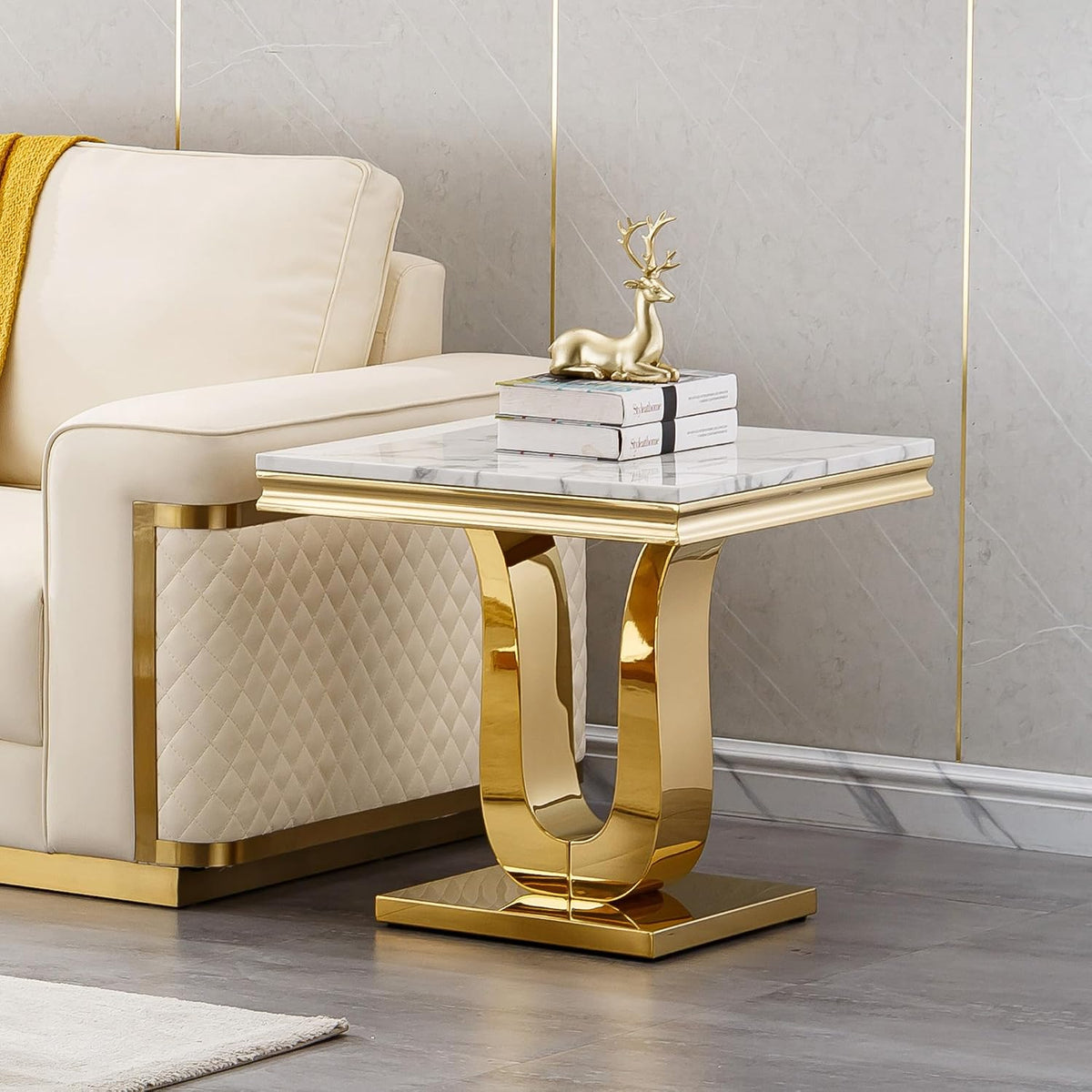 23'' Faux Marble End Table with High-Gloss U Base, Rectangular Marble Top Sofa Side Table for Living Room Office, Modern White Gold Accent Table with Stainless Steel Frame