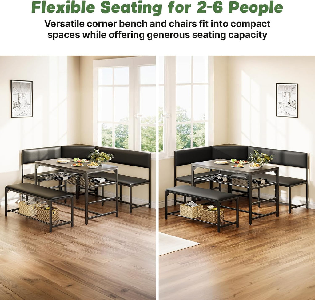 Concho Corner Dining Table Set with Soft Seat, Warm Grey | Breakfast Nook, L Shaped Dining Table Set for 4, Kitchen Booth Seating with Table for Small Space