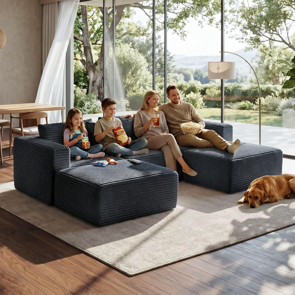 110" Modular Sectional Sofa with 2 Ottomans, U Shaped Cloud Couch for Living Room, Deep Seat Corduroy Floor Sofa, No Assembly Required, Compressed Couch, 5 Seat, Grey