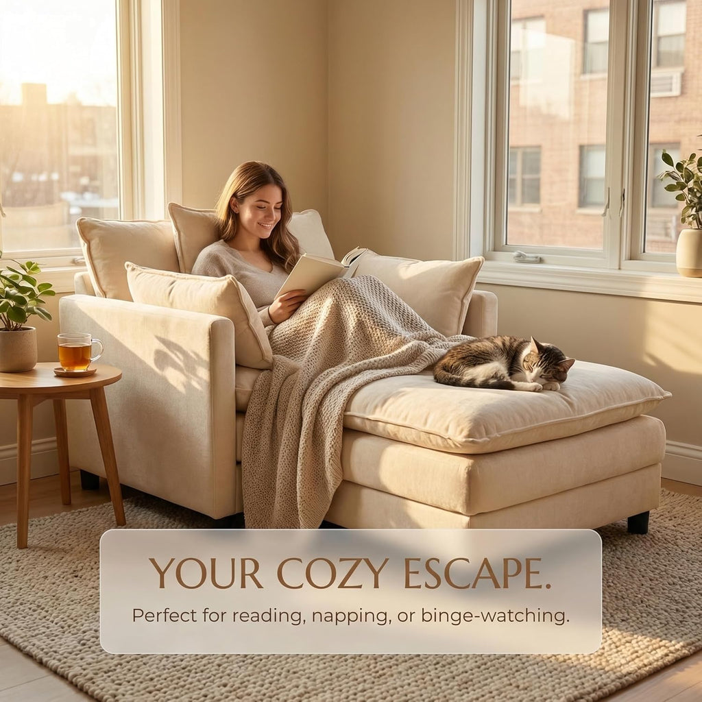 GRAVFORCE Oversized Chair with Ottoman, Comfy Upholstered Chenille Chaise Lounge Chair, Accent Indoor Reading Chairs for Living Room, Bedroom (Beige)