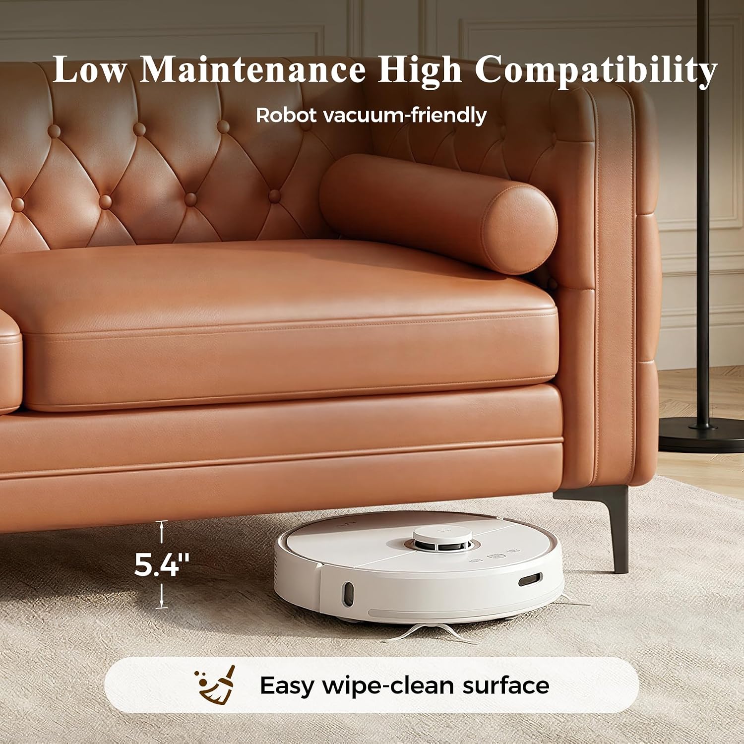 Luxanimarion Faux Leather Couch for Living Room, Mid-Century Modern Sofa with Button Tufting, Metal Legs and 2 Bolster Pillows, Comfortable Deep Seat for Apartment, Office, Caramel 1 PCS