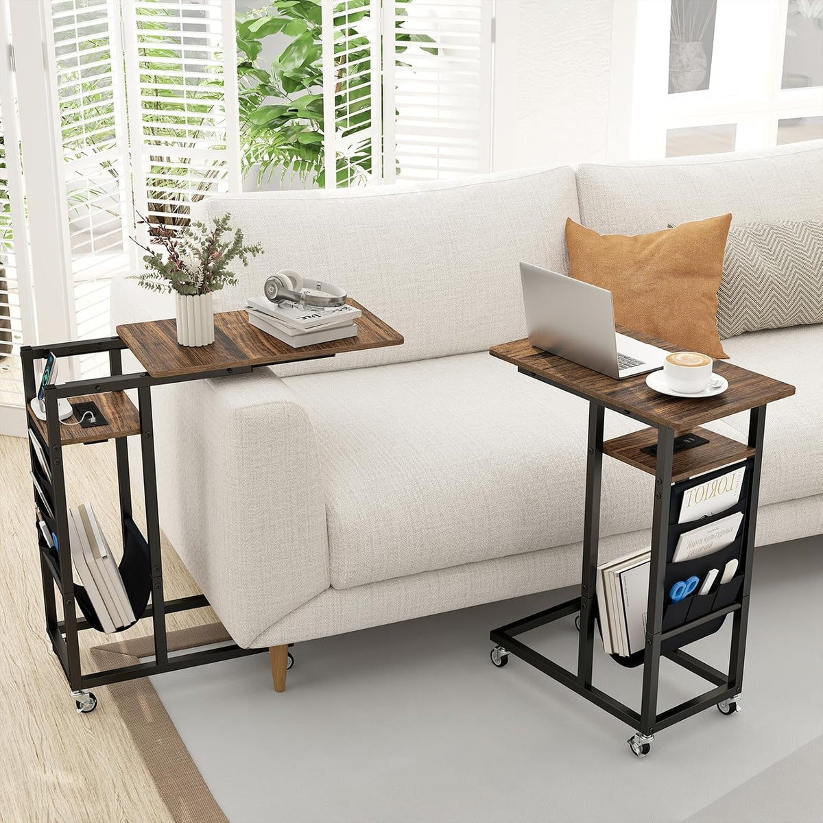 Giantex C Shaped End Table with Charging Station, 27’’H Slide Under Couch Side Table w/Wheels, Outlets & USB Ports, Storage Bag, Small Laptop Sofa TV Tray C Table for Living Room, Rustic Brown