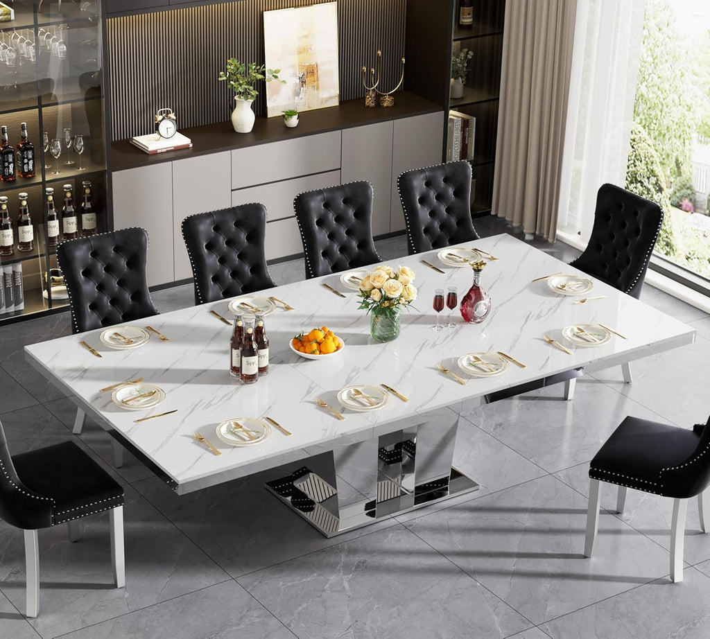 94.5“ Rectangular Dining Table for 6 8 10, Modern White Extendable Kitchen Table, Large Long Dining Room Table with Mirrored Pedestal for Dining Kitchen Living Room