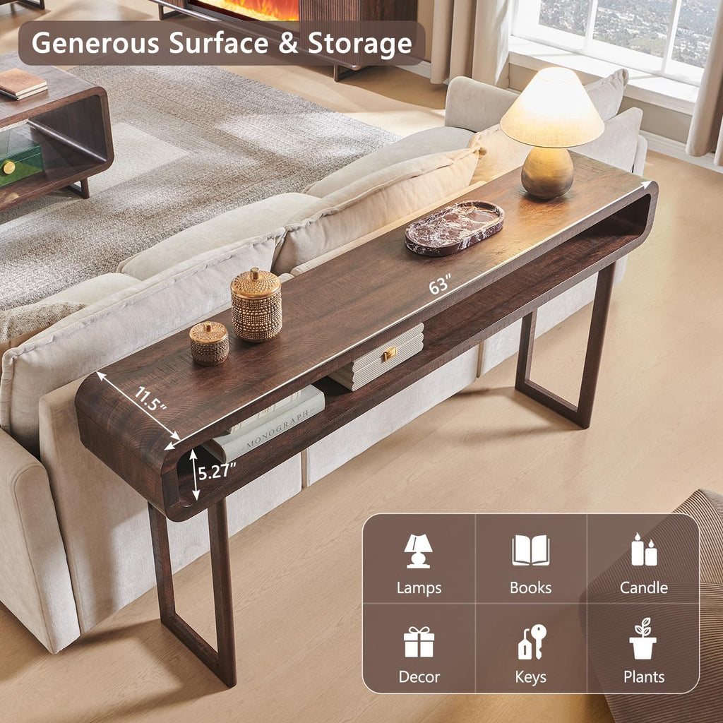 IFGET 63-Inch Long Console Table, Modern Curved Entryway Table, Dark Walnut | 31.5" Tall Entryway Table with Open Storage Shelf, Narrow Wood Sofa Table Behind Couch Table for Living Room, Hallway,Foyer