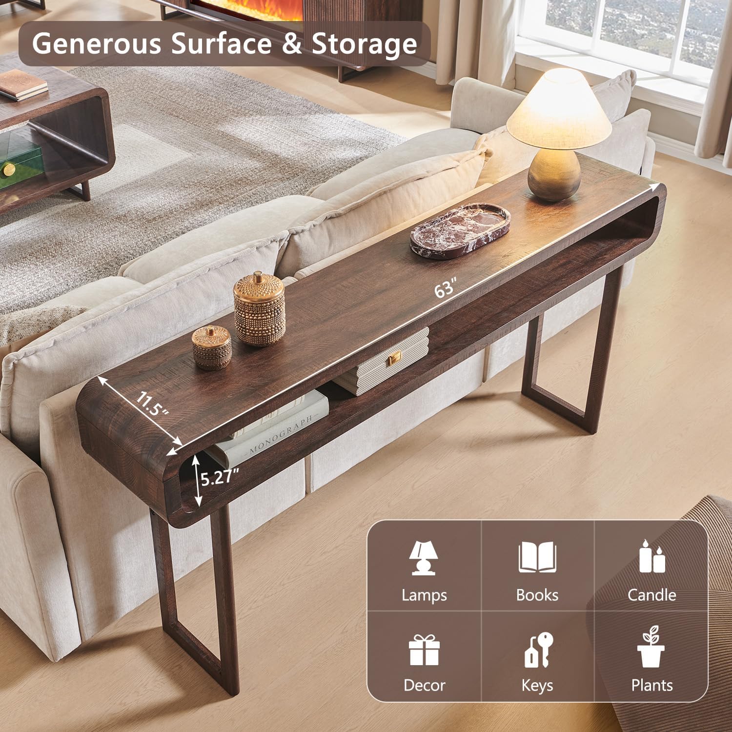 IFGET 63-Inch Long Console Table, Modern Curved Entryway Table, Dark Walnut | 31.5" Tall Entryway Table with Open Storage Shelf, Narrow Wood Sofa Table Behind Couch Table for Living Room, Hallway,Foyer
