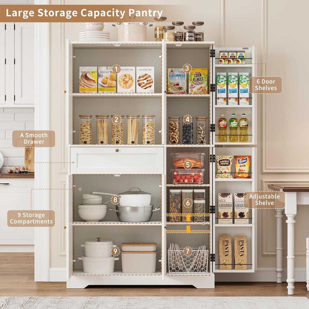 68" Tall Kitchen Pantry Stoarge Cabinet, Freestanding Kitchen Hutch with 6 Door Shelves & Large Drawer, Modern Food Pantry with Adjustable Shelf for Dining Room, Living Room, White