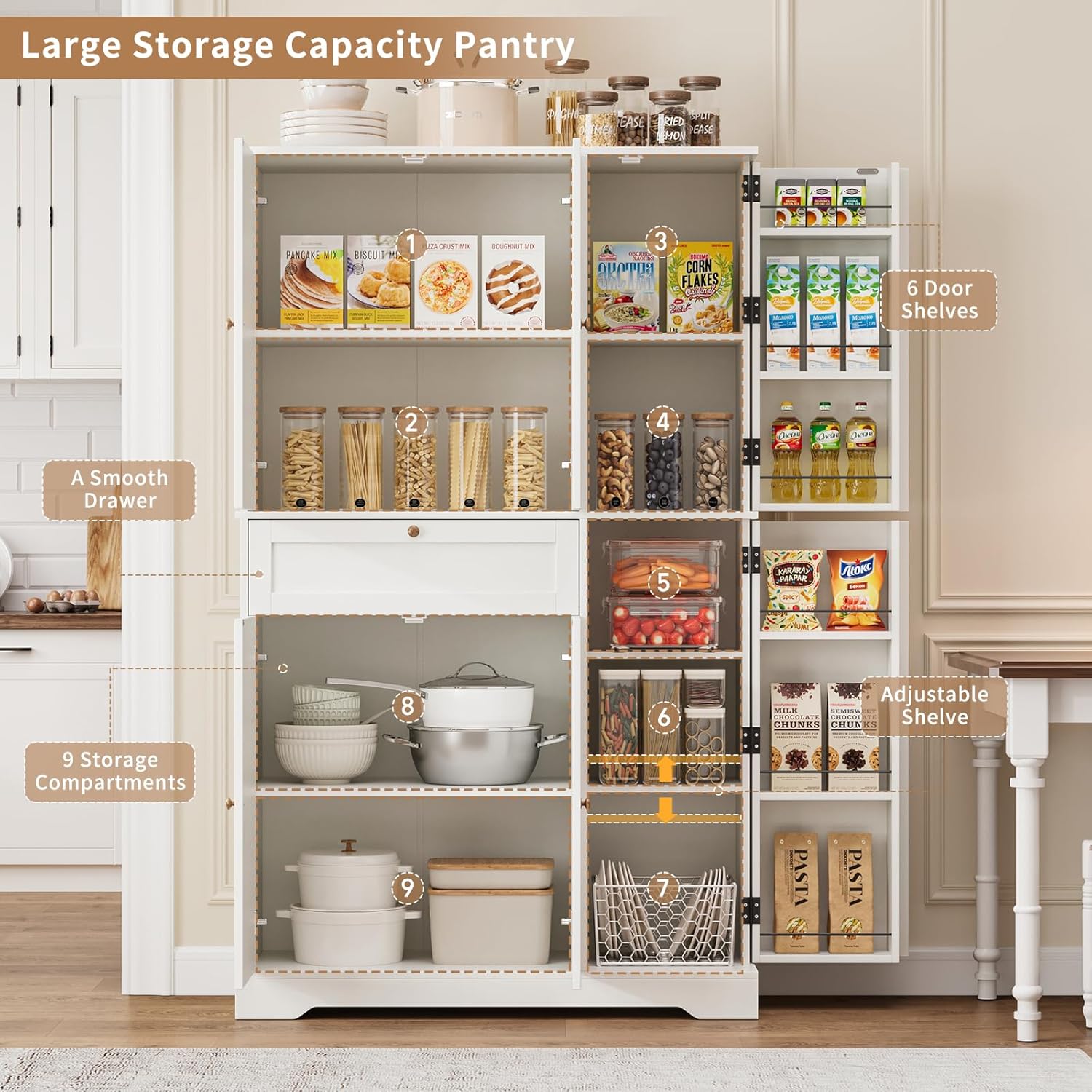 68" Tall Kitchen Pantry Stoarge Cabinet, Freestanding Kitchen Hutch with 6 Door Shelves & Large Drawer, Modern Food Pantry with Adjustable Shelf for Dining Room, Living Room, White