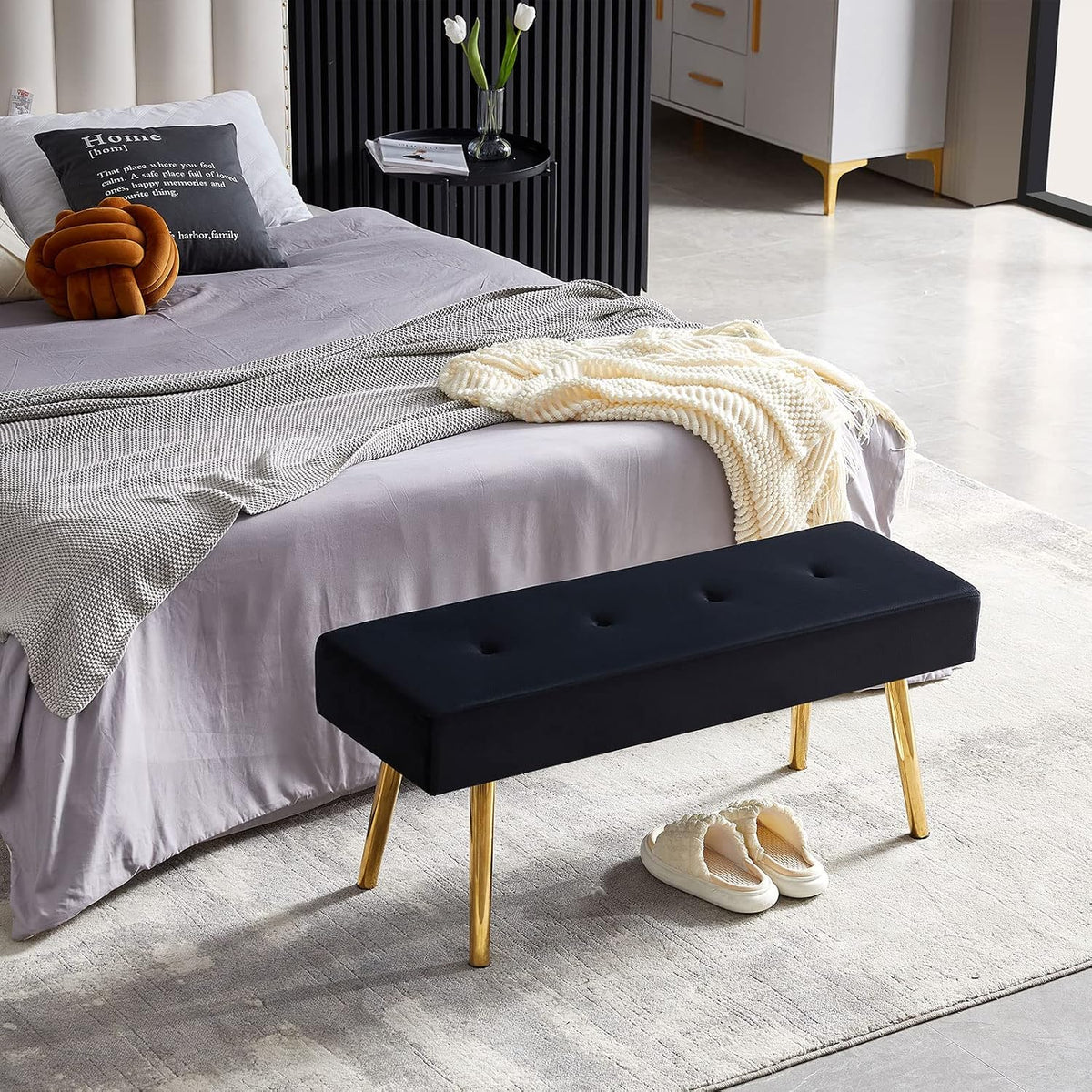 Homedot Black Velvet Ottoman Bench Simple Design Soft Velvet Dining Room Bench Tufted for Kitchen, Upholstered Entryway Bench with Sturdy Metal Legs for Home