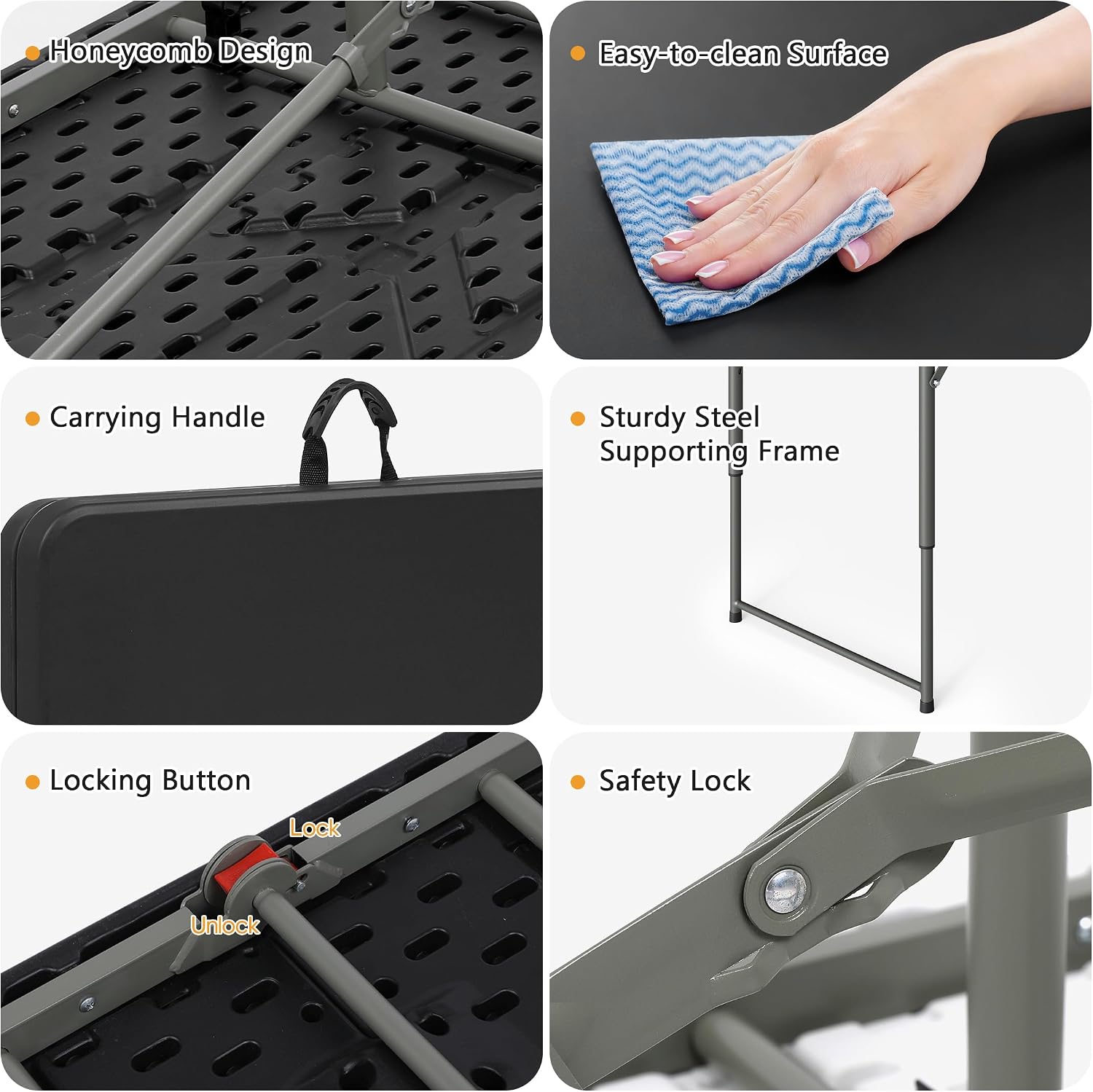 SKONYON 4 Foot Folding Table Heavy Duty Portable Fold-in-Half Plastic Utility Table Small Indoor Outdoor Adjustable Height Card Table with Carrying Handle, Camping and Party, Black