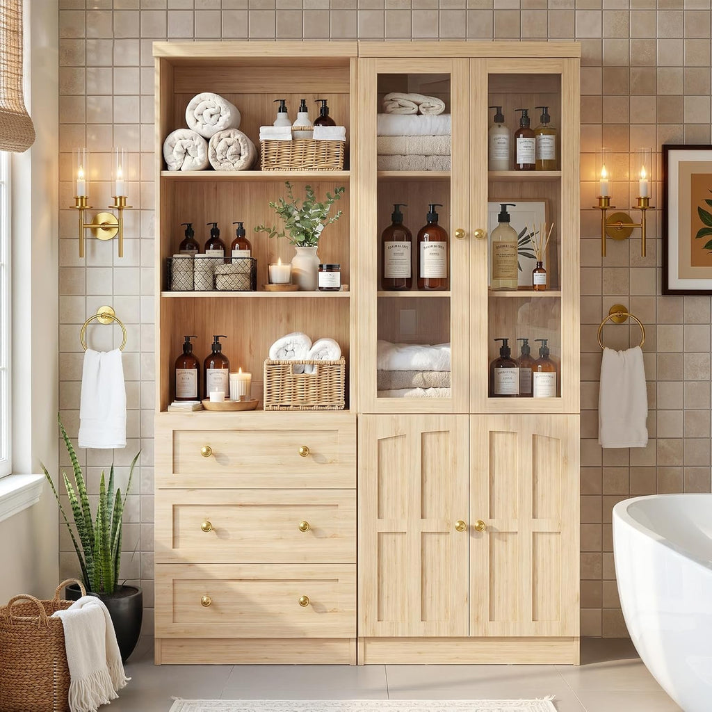 Cyclysio Farmhouse Kitchen Pantry Cabinets - 80" Tall Wood Kitchen Storage Cabinets with Adjustable Shelves & Doors & Drawers, Versatile Storage for Living Room, Kitchen, Set of 2 (Natural)