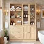 Cyclysio Farmhouse Kitchen Pantry Cabinets - 80" Tall Wood Kitchen Storage Cabinets with Adjustable Shelves & Doors & Drawers, Versatile Storage for Living Room, Kitchen, Set of 2 (Natural)