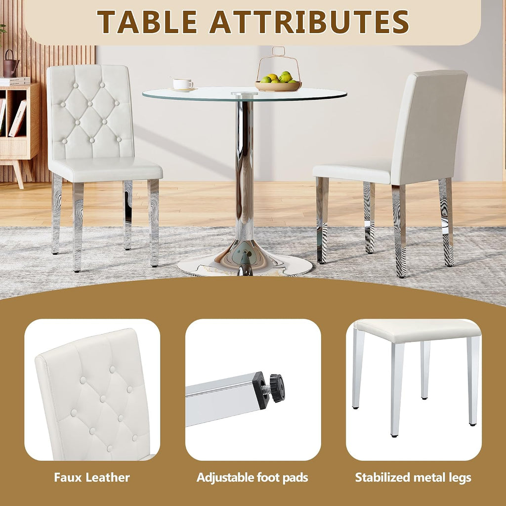 White Dining Chairs Set of 4, Faux Leather, Silver Metal Legs | Button-Tufted Upholstered Parsons Chairs with Padded Seats for Dining Room, Kitchen, Apartment, or Restaurant Use