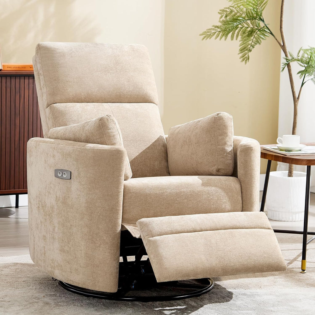 Power Recliner,Nursery Swivel Glider Rocking Chair with USB Port,Upholstered Adult Electric Recliner Rocking Chair with 2 Pillows for Living Room Bedroom (Khaki, Power-Driven)