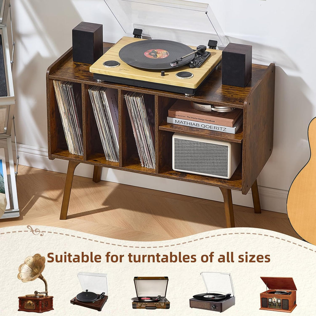 Lerliuo Record Player Stand with 4 Cabinet Holds Up to 220 Albums,Brown | Large Turntable Stand with Wood Legs, Mid-Century Record Player Table,Vinyl Holder Storage for Bedroom Living Room