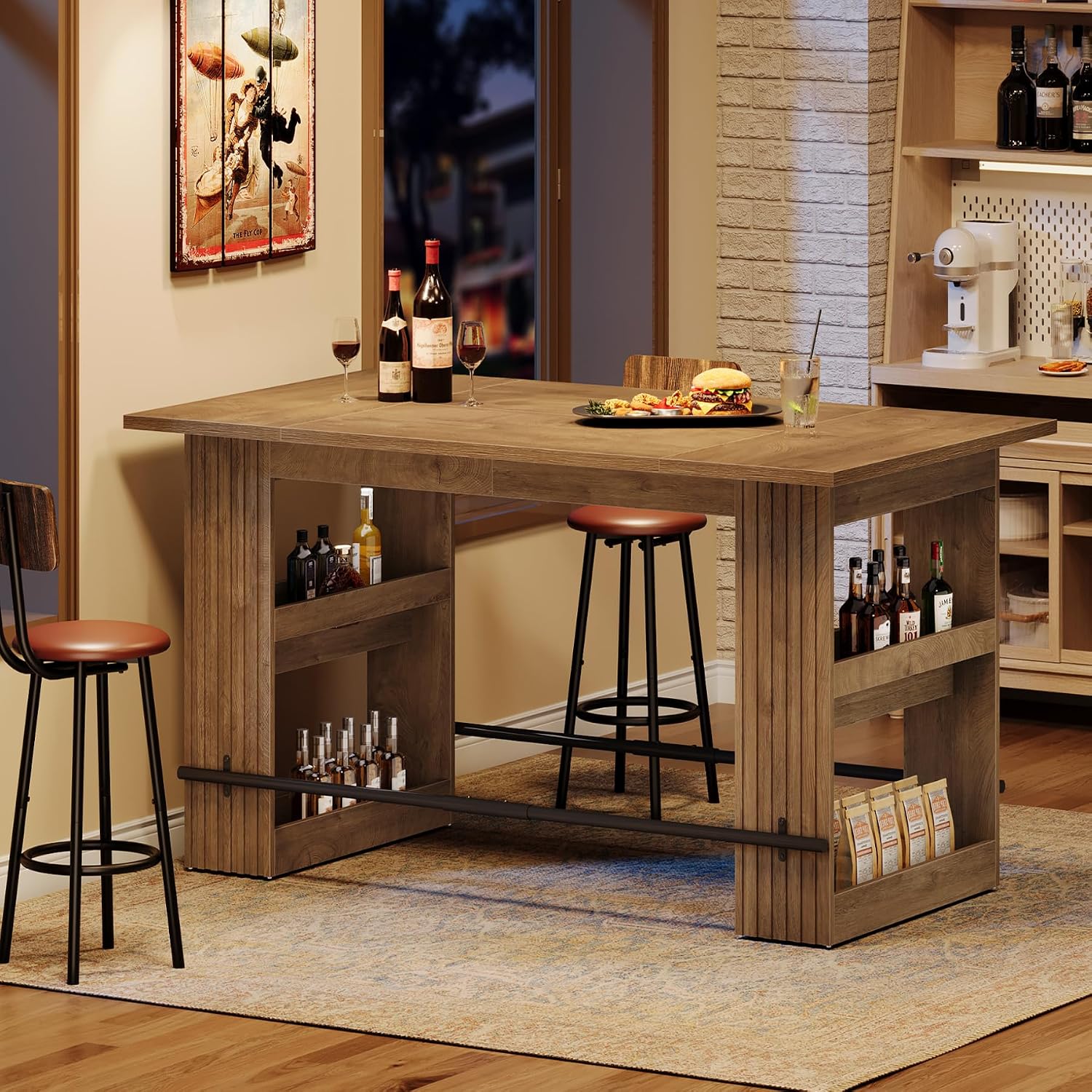 Tribesigns 63" Kitchen Island with Storage, Farmhouse Wood Stationary Island Table with Large Worktop & Leg Room, Coffee Bar Table for Kitchen, Dining Room, Living Room, Rustic Brown