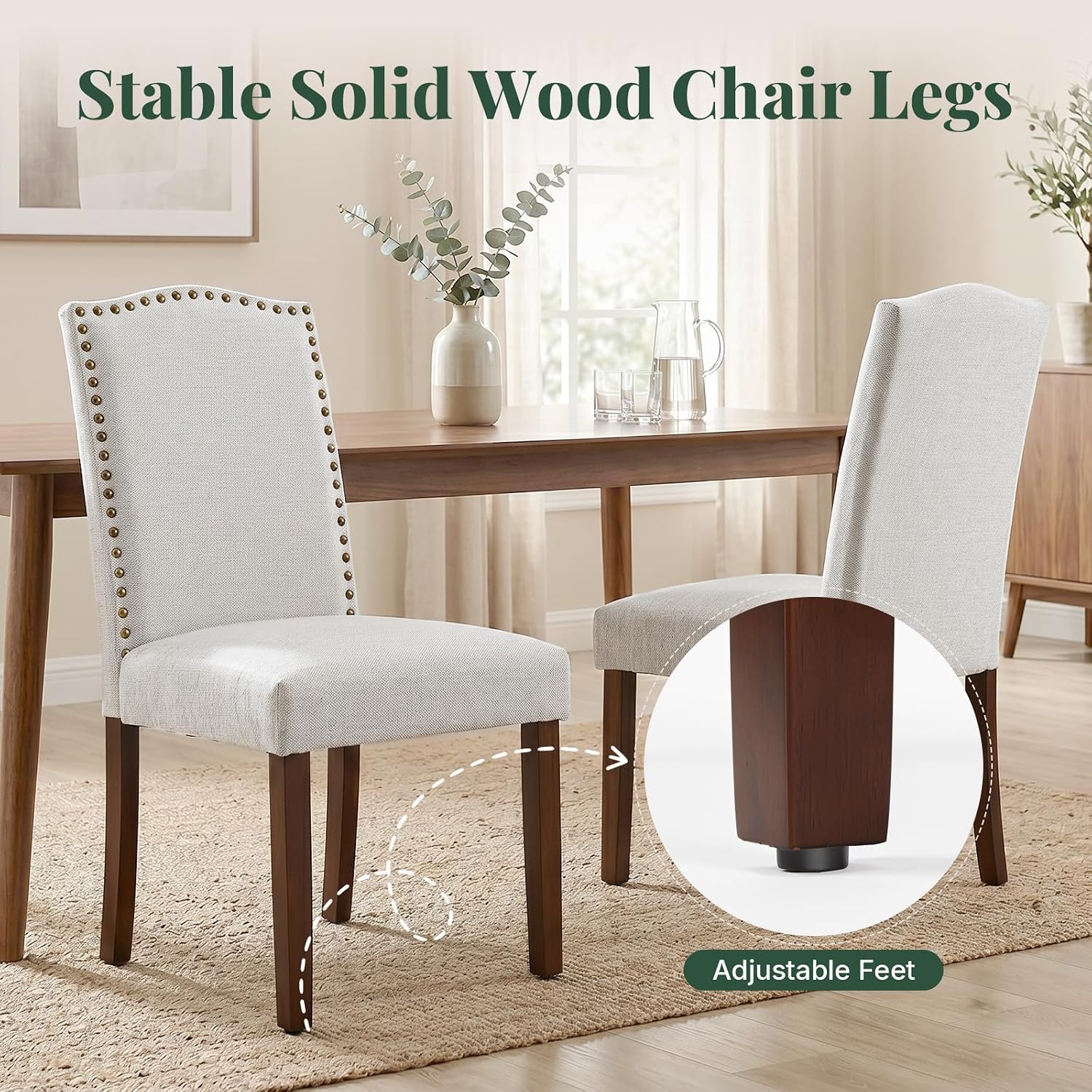 Upholstered Dining Chair Set of 6, Farmhouse Fabric Kitchen Chair | Modern, Padded Seat, Solid Wood Legs, High Back, Nailhead Trim, Living Room, Restaurant, Hotel, Beige