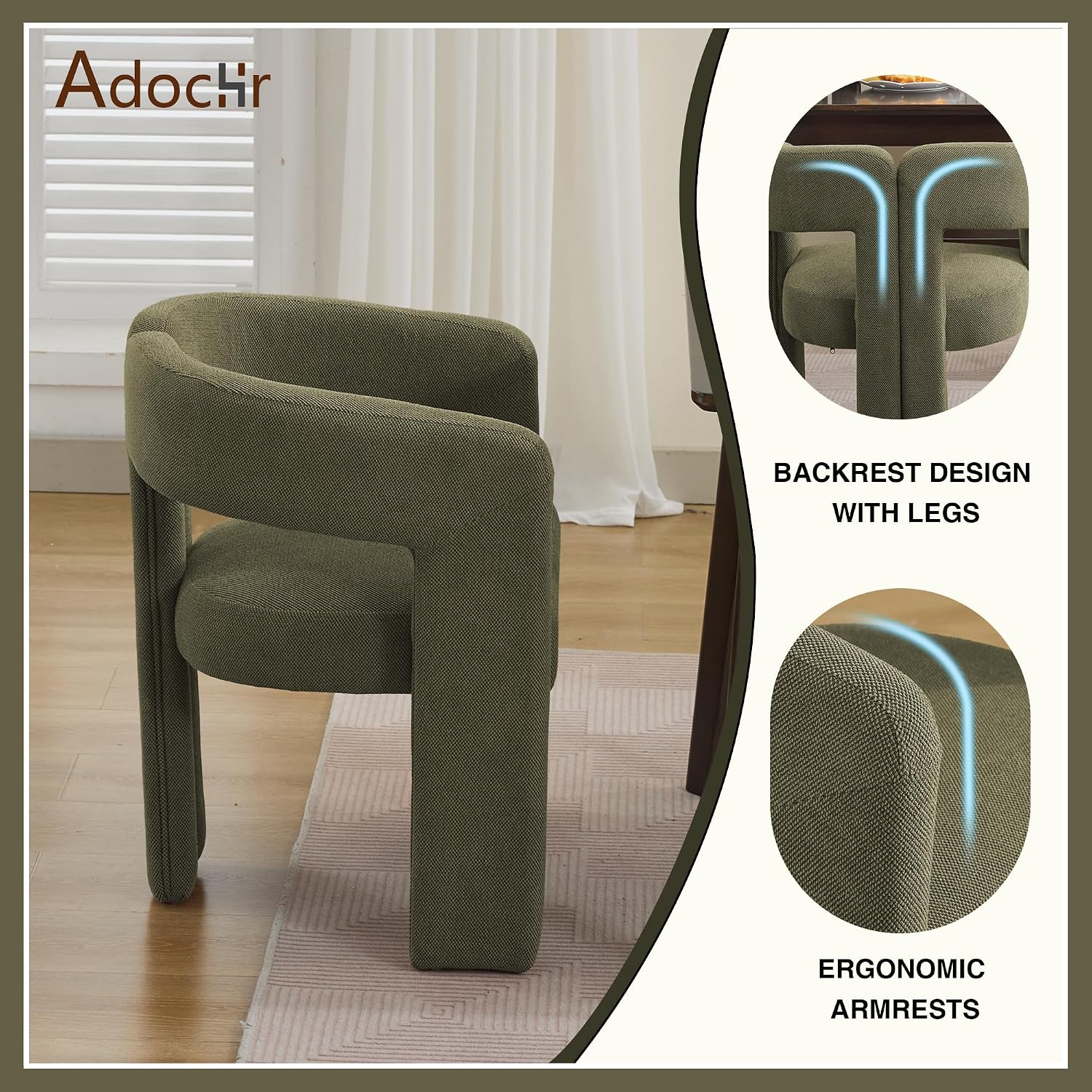 adochr Modern Barrel Dining Chairs Set of 6, Upholstered Linen Dining Room Chair with Wooden Legs, Accent Chairs with Arms, Comfy Side Armchairs for Kitchen/Dining Room/Living Room, Green