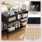 GOFLAME 40” Rattan Console Table, Narrow Long Entryway Table with Storage Shelf, 2 Flip Door Cabinets, Metal Frame, Boho, Farmhouse Behind Couch Sofa Tables for Living Room, Hallway (Black)