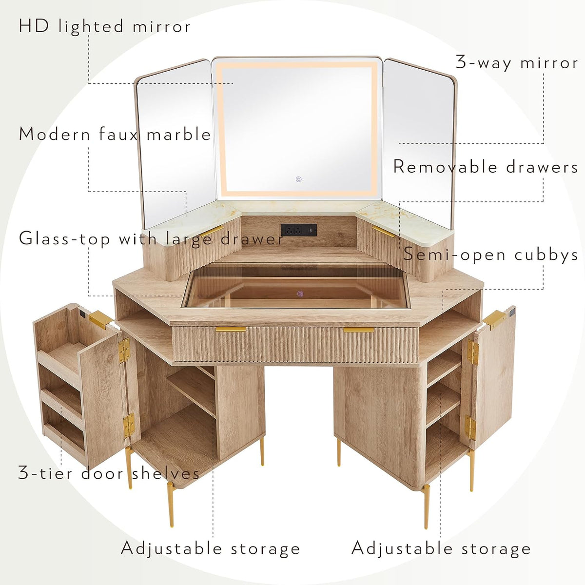 T4TREAM 48" Corner Makeup Vanity with Lighted Triple Mirror, Natural Oak | Modern, Fluted Vanity, Glass Top, 3 Drawers, 2 Cabinets, Organized Bedroom Storage