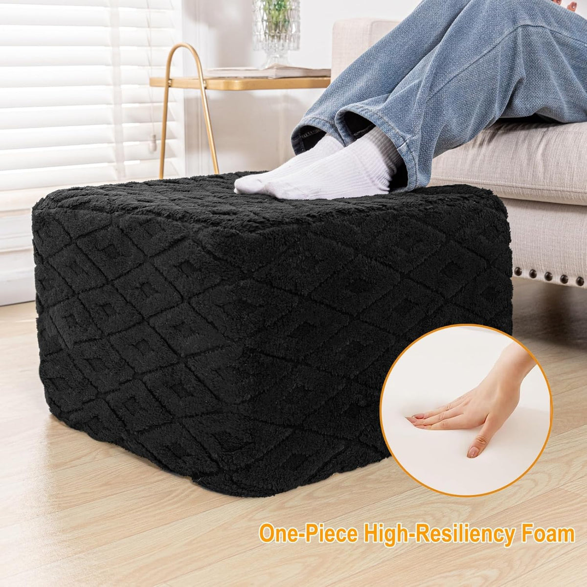 Fluffy Square Ottoman Pouf with All-in-One Foam Filling 20 x 14 Inches Furry Ottoman Foot Rest Foot Stool for Living Room or Bedroom (Black)