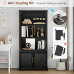 69" Tall Display Cabinet with Glass Doors, Curio Cabinet with 3 LED Lights and Human Body Sensor, Glass Display Case with Storage Cabinet for Living Room, Black