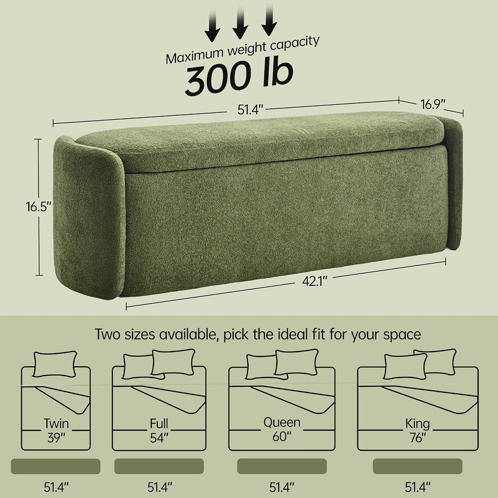VKNOW Storage Bench, Upholstered Storage Ottoman Bench with Hinge, Green | Ottoman Bench with Large Capacity, Curved Frame, King Size Bench, Storage Bench for Bedroom, Living Room, Entryway, Window