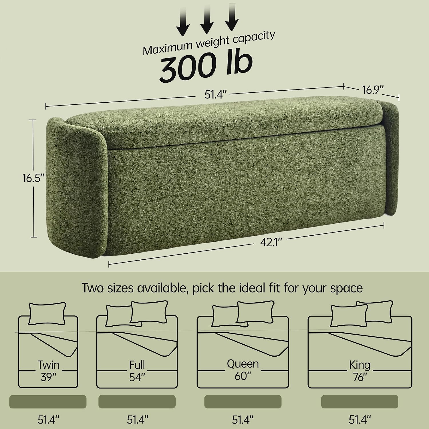 VKNOW Storage Bench, Upholstered Storage Ottoman Bench with Hinge, Green | Ottoman Bench with Large Capacity, Curved Frame, King Size Bench, Storage Bench for Bedroom, Living Room, Entryway, Window