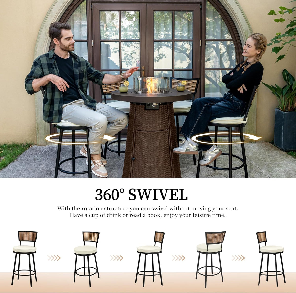 PIZZELLO Patio Swivel Bar Stools Set of 4, Outdoor Bar Height Chairs, Swivel Patio Bar Chair with Cushions, Counter Height Wicker Barstools for Outside Backyard Balcony