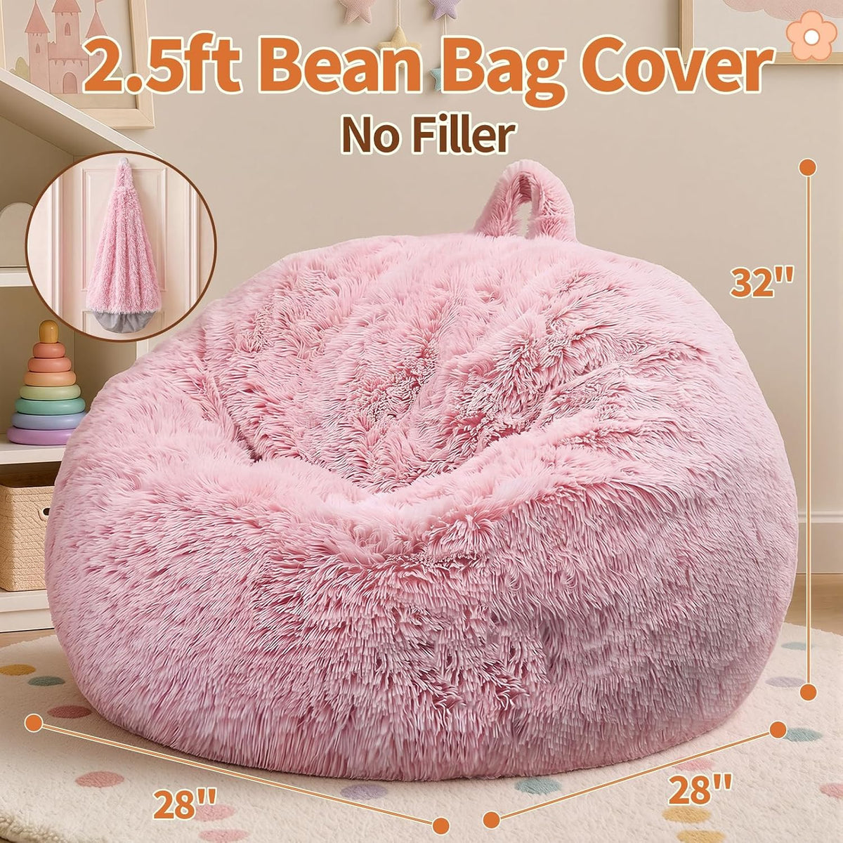 Stuffed Animal Storage Bean Bag Chair Cover, Soft Bean Bag Cover | Fluffy Faux Fur Stuffed Animal Storage Chair, Non-Slip Bottom, Fill with Plush Toys or Blankets, for Kids Teens Adults Girls