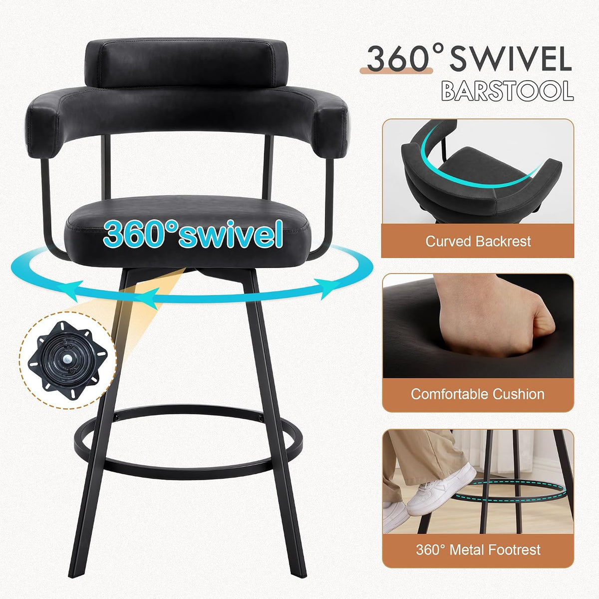 Swivel Counter Height Stools Set of 2, 26‘’ Kitchen Bar Stools with Arm Rest, Black Faux Leather Island Chairs with Metal Legs
