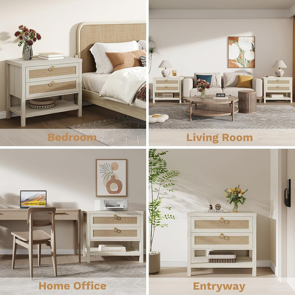Eclatara Large Rattan Night Stand Set of 2 with 2 Drawers and Storage Shelf | Boho Nightstand White Bedside Table End Table Side Table for Bedroom(Cream White Oak,2 Pieces)