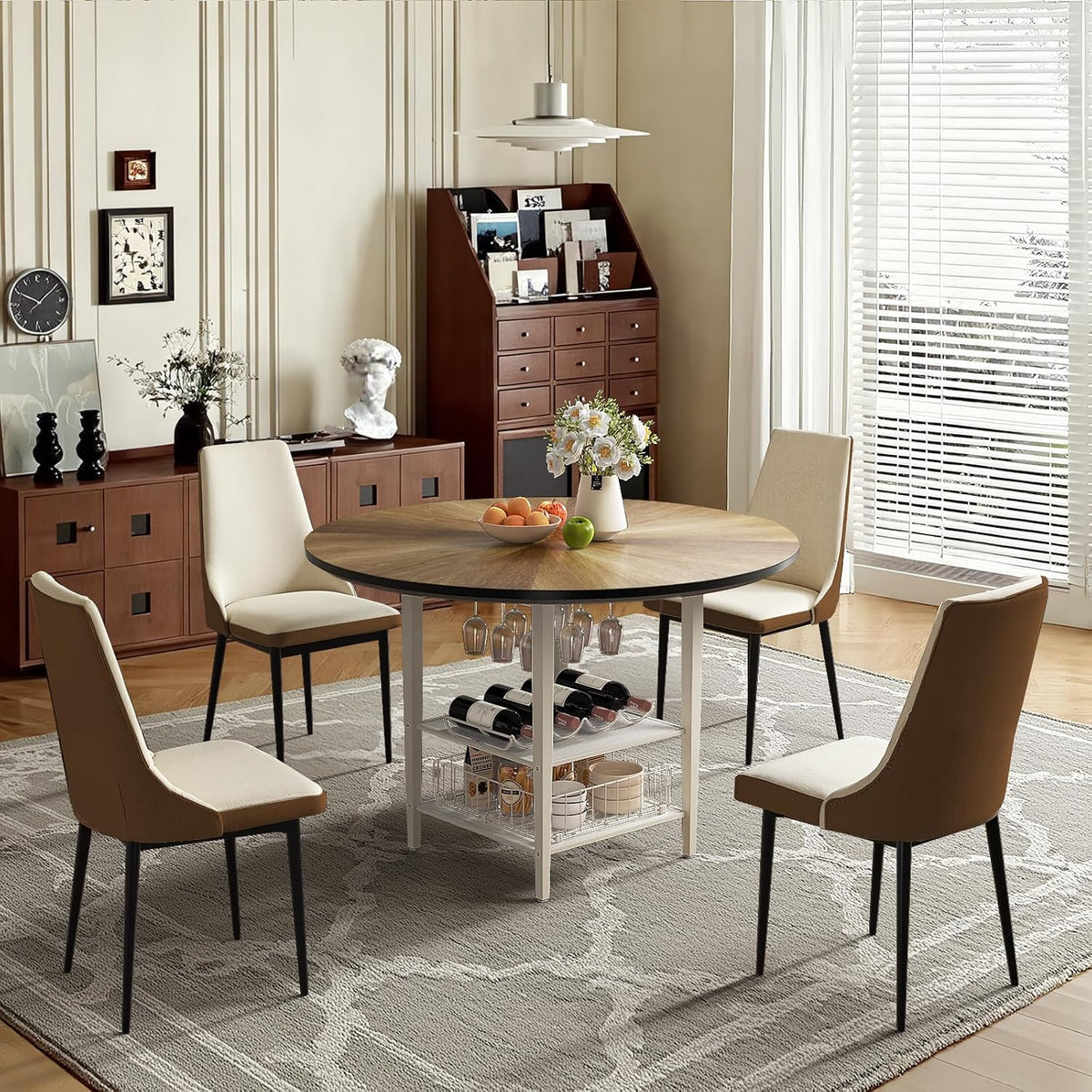 VFK 47'' Round Dining Table Set for 4-6, Farmhouse Kitchen Table with 4 Chairs & Storage Rack, Rustic Wood Dining Set with Sturdy Metal Base for Dining Room & Living Room