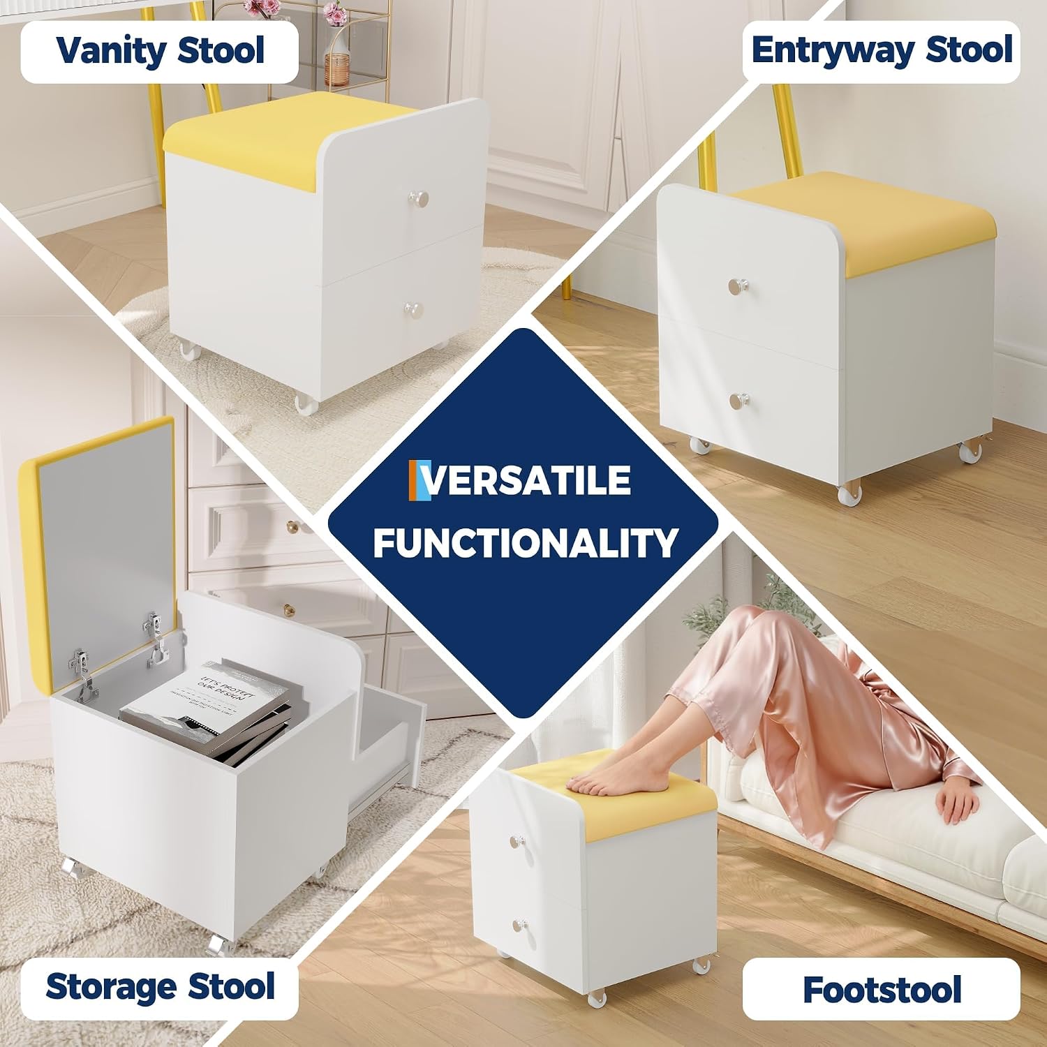 Garvee Vanity Stool Chair with Storage, 17.32" l x 15.16" w x 17.32" h PU Ottoman with Lockable Wheels & Storage Drawer, Modern Multifunctional Chairs for Makeup