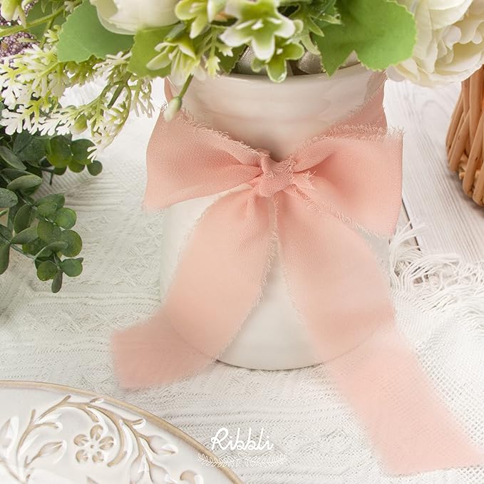 Ribbli Chiffon Silk Ribbon, 1.5 inch x 30 Yard, Blush Pink/Dusty Pink/Mauve Fringe, Wedding Invitations, Bridal Bouquets, Flower Arrangement