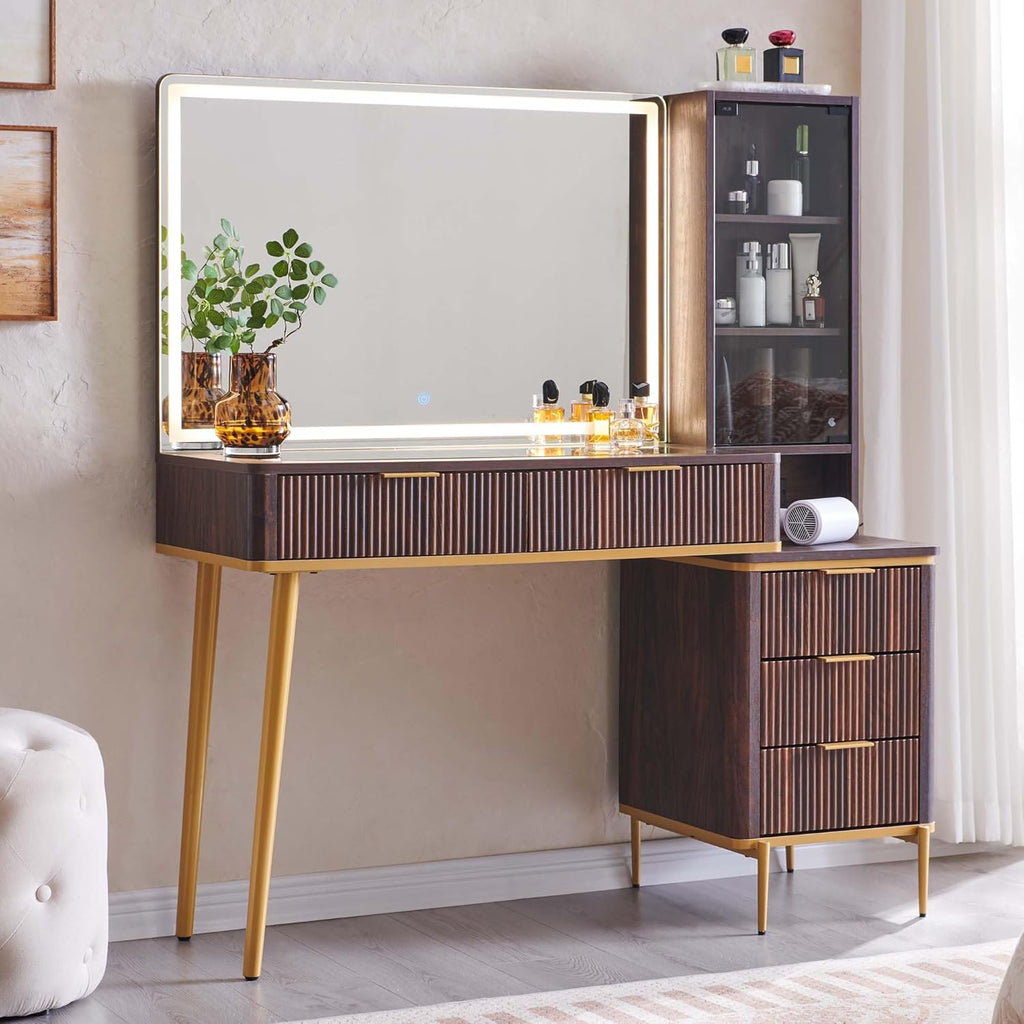 T4TREAM Fluted Makeup Vanity Desk with 36" HD Lighted Mirror, 48" Big Modern Vanity Desk with Mirror and Lights, Dressing Table with 5 Drawers & Shelves, Glass Top for Bedroom, Dark Walnut