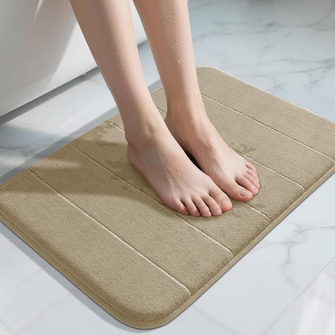 Yimobra Memory Foam Bath Mat, Super Soft Absorbent Bathroom Rug Non Slip 24x17 Inch, Quick Dry, Machine Washable Floor Carpet for Tub Shower, Home Decor Accessories, Pale Khaki