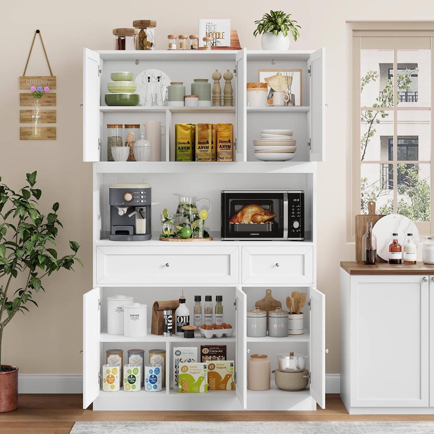 BOTLOG 72" Kitchen Pantry Cabinet, Kitchen Hutch with Microwave Stand, Buffet Cabinet with Hutch for Dining Room, White | 2 Drawers, Large Capacity, 47.2-inch wide Countertop, Kitchen Hutch utch for Dining Room (White)