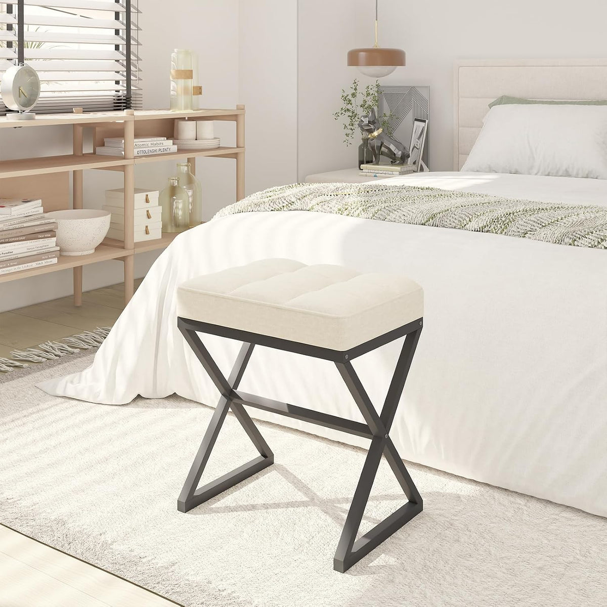 YMYNY Vanity Stool, Linen Footrest Stool, Ottoman Bench with X-Shaped Metal Legs, Makeup Dressing Stool for Vanity, Living Room, Bedroom, Entryway, Hallways 15.74" D×11.81" W×18.11" H Beige UHBD033Y