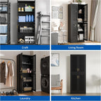 Cozy Castle Kitchen Pantry Cabinet, 71" Tall Rattan Doors Storage Cabinet and Adjustable Shelves, Modern Farmhouse Wood Cupboard Utility Hutch for Kitchen, Dining Room, Living Room (Black)